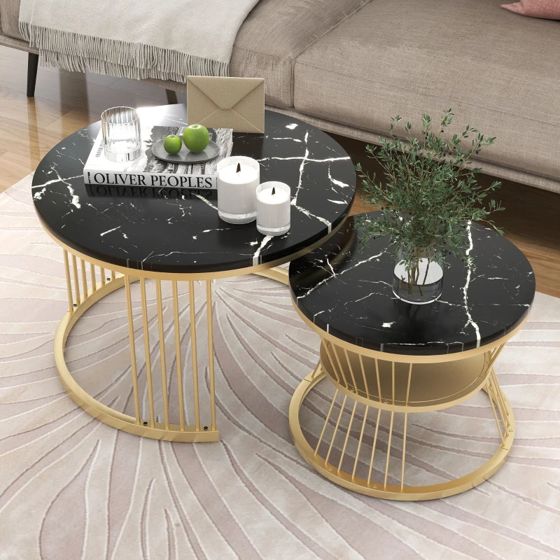 Ensemble de 2 Tables Basses Modernes Gigognes en MDF avec Finition Effet Marbre et Structure Métallique Dorée, 70x70x47 cm + 45x45x40 cm, Noir