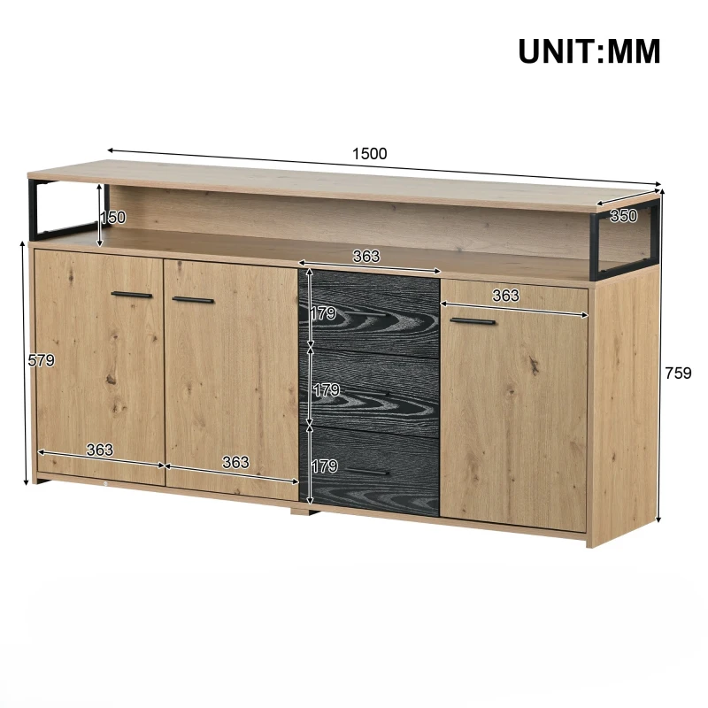 Bibliothèque multifonctionnelle avec trois portes et trois tiroirs, poignées en métal, mobilier de cuisine et de bureau, 150x35x75,9 cm, Marron noir