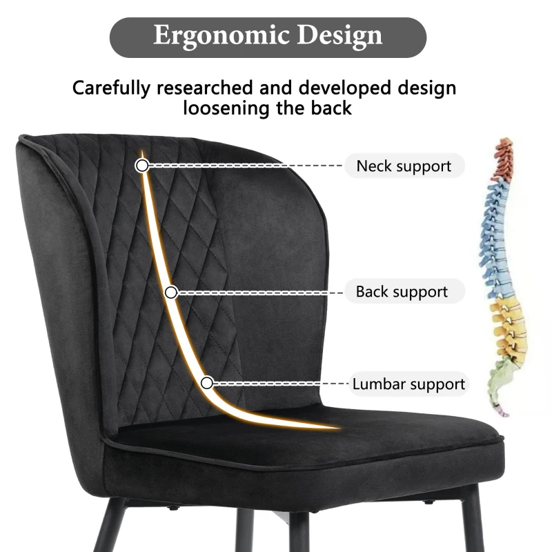 Set of 2 Velvet Black Dining Chairs with Metal Legs and Wing Back, Upholstered Accent Chairs for Dining Room, 47x43x86 cm, Black