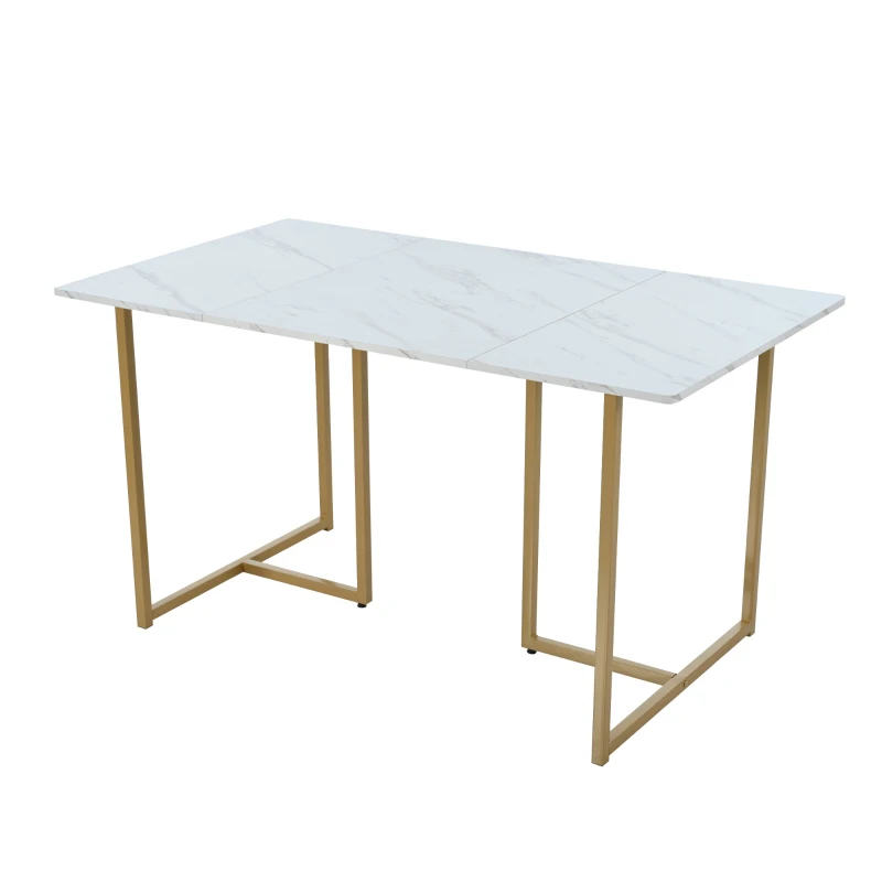 Modern Rectangular Extendable Dining Table with Adjustable L-shaped Support Legs, Marble Pattern Top, Table for Dining Room Living Room, 140x80x75 cm, White/Gold
