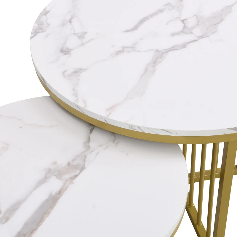 Moderner Couchtisch-Set in Hochglanz-Marmor-Optik mit vergoldeten Eisenbeinen, 2-teiliges Nesting-Design für Wohnzimmer und Balkon, weiß
