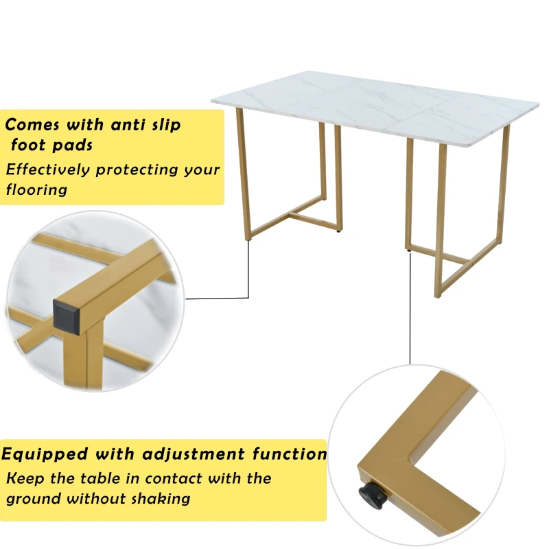 Modern Rectangular Extendable Dining Table with Adjustable L-shaped Support Legs, Marble Pattern Top, Table for Dining Room Living Room, 140x80x75 cm, White/Gold