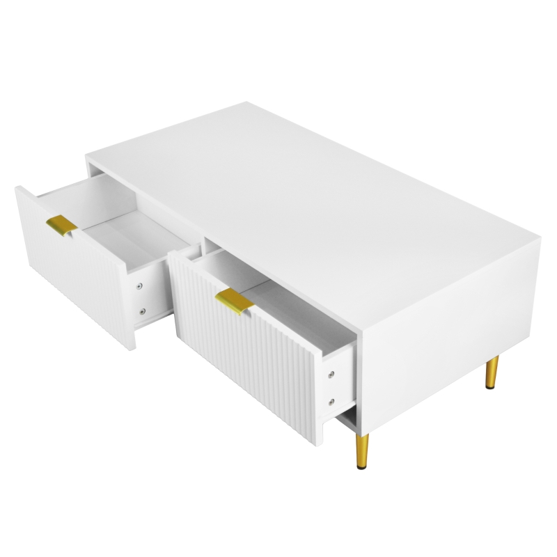 Table basse moderne avec 2 tiroirs et design à rayures verticales, 100x50x40 cm - Table basse en solde, Blanc+Or