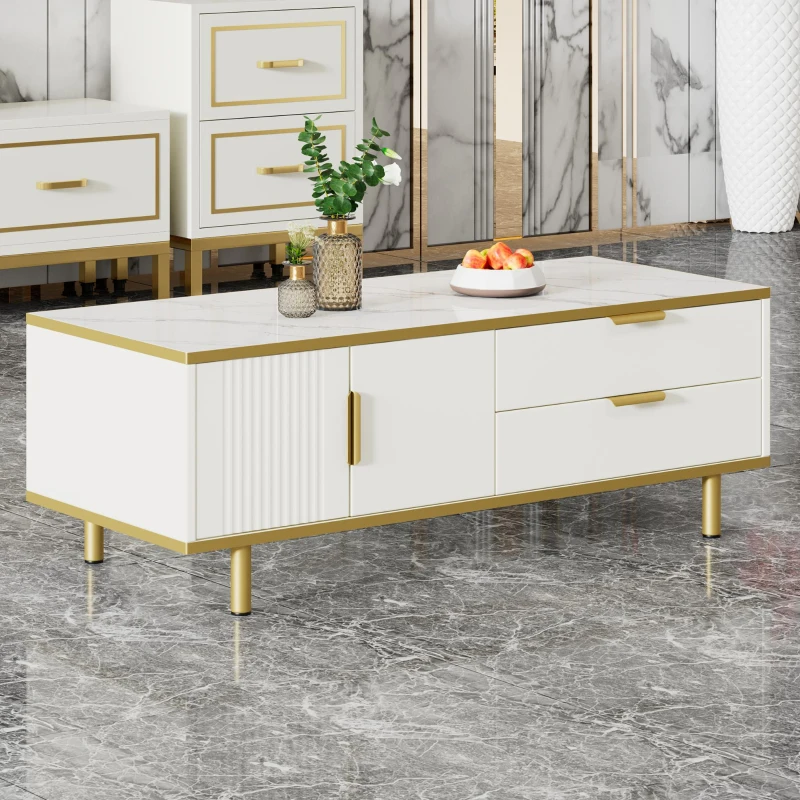 Table basse moderne avec tiroirs, design rayé, plateau en faux marbre et détails en métal doré, 100x50x43 cm, Blanc