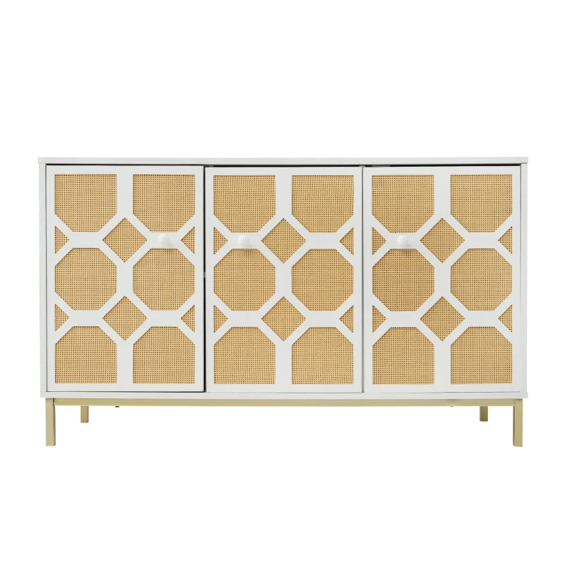 Dreitüriges Sideboard mit Rattantüren, verstellbaren Einlegeböden und vergoldeten Füßen für das Wohnzimmer, Weiß