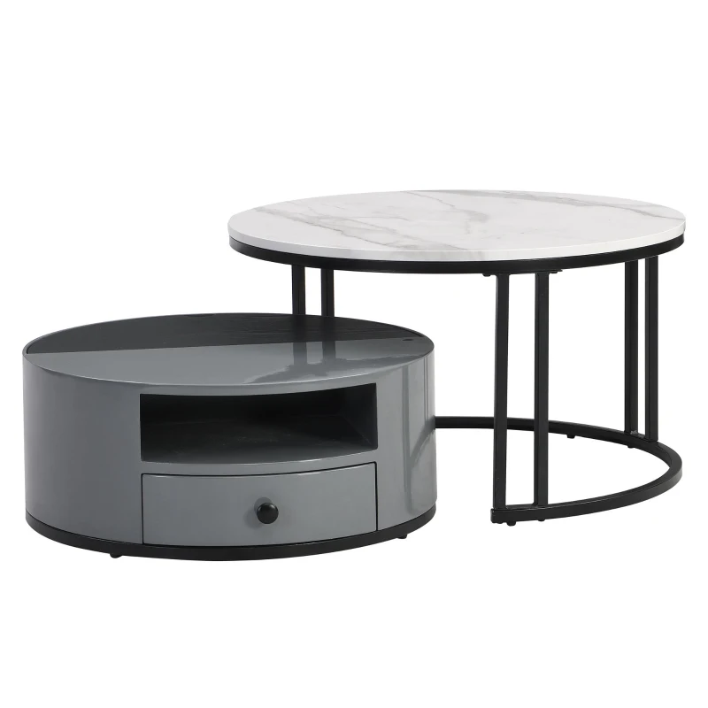Ensemble de Tables Basses Gigognes Modernes en Style Marbre PVC avec Design Élégant et Espace de Rangement, 70x70x40 cm + 60x60x25,5 cm, Gris