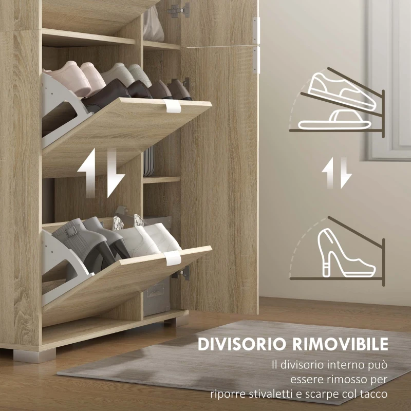 HOMCOM Scarpiera con Specchio per 16 Paia di Scarpe, 4 Cassetti a Ribalta e 2 Armadietti, 82x30x168cm, Rovere(m-7)