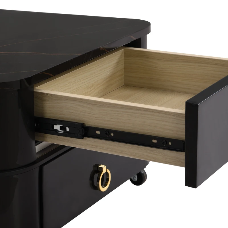 Ensemble de 2 Tables Basses Gigognes avec Plateau en Marbre Brillant et Verre, Structure en Métal et Tiroirs, 60x60x42 cm + 50x50x34 cm, Noir