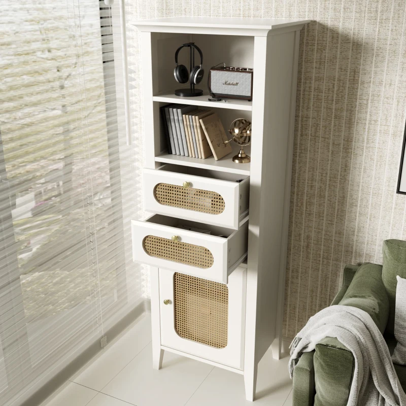 Vitrine Crédence Moderne pour Salon avec Rotin et Surface Laquée, Fonctionnelle et Élégante, 140,5x38x50 cm, Blanc