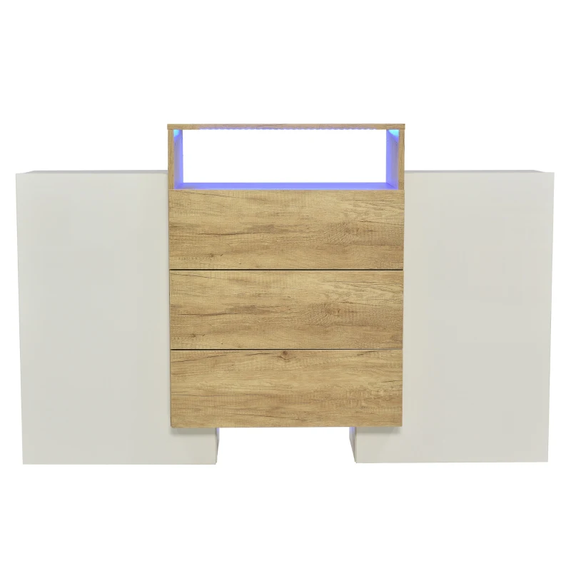 Sideboard und mit LED-Beleuchtung, Modernes Design und Viel Stauraum, Weiß + Holzfarbe