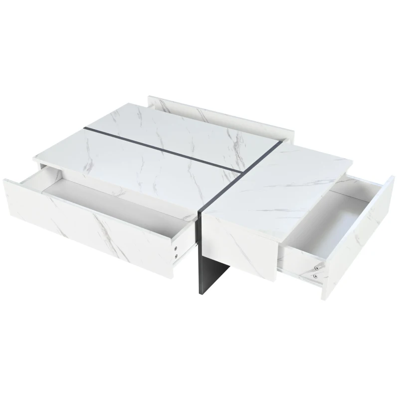 Table basse moderne relevable avec éclairage LED intégré, 16 couleurs, surface brillante effet marbre et 3 tiroirs, 105x60x35 cm, Blanc