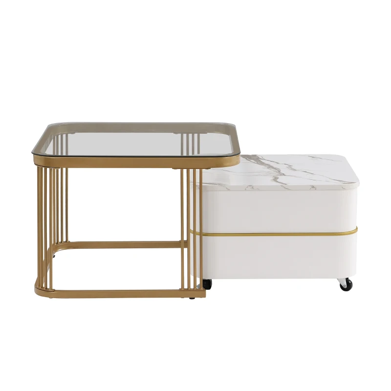 Ensemble de Tables Basses Gigognes en Marbre Poli et Verre, avec Détails Dorés et Tiroirs, 60x60x42 cm + 50x50x34 cm, Blanc