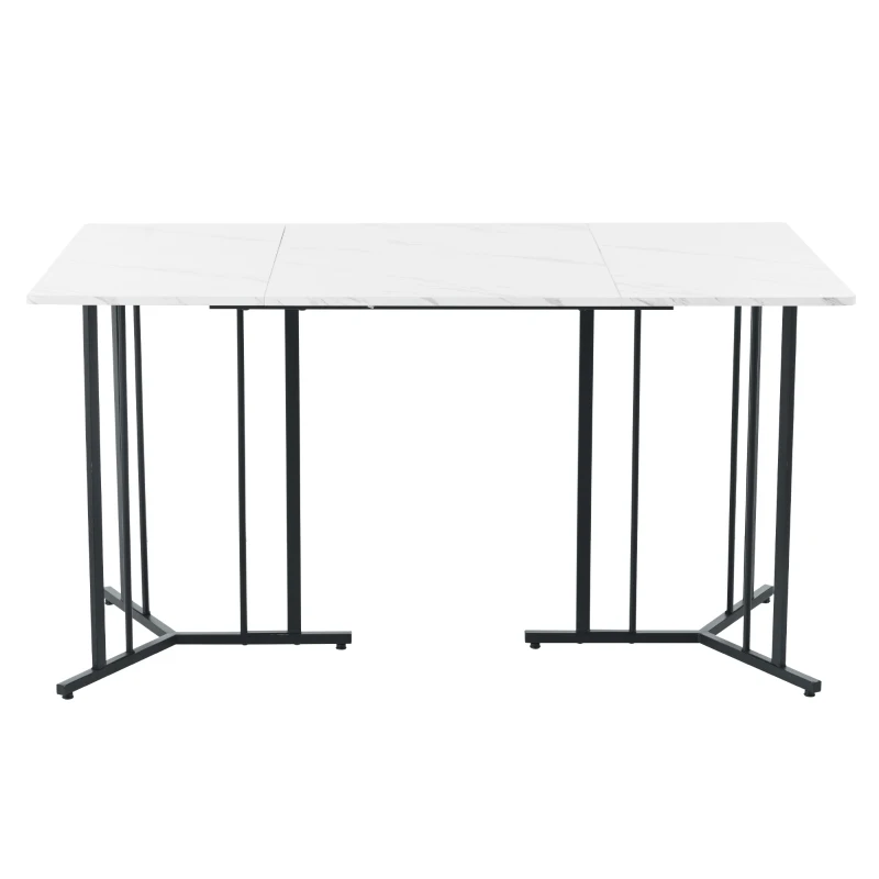 Modern Oblong Dining Room Tables with Adjustable Feet, Marble Pattern MDF Top, Kitchen Units with Metal Frame, 140x80x75 cm, White