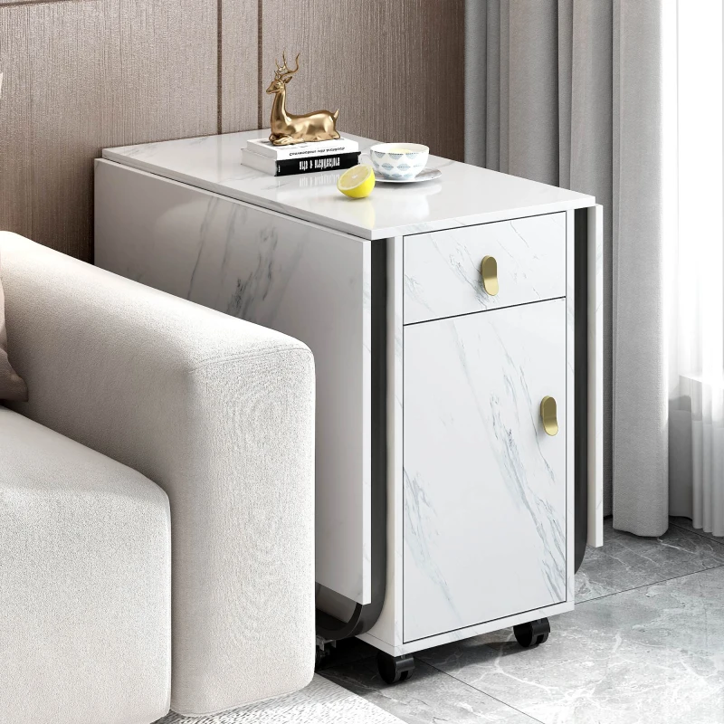 Folding Dinning Table with Goldplated Handles, 3 Extensive Modes for Learning&Dinning, Metal Frame - White/Black