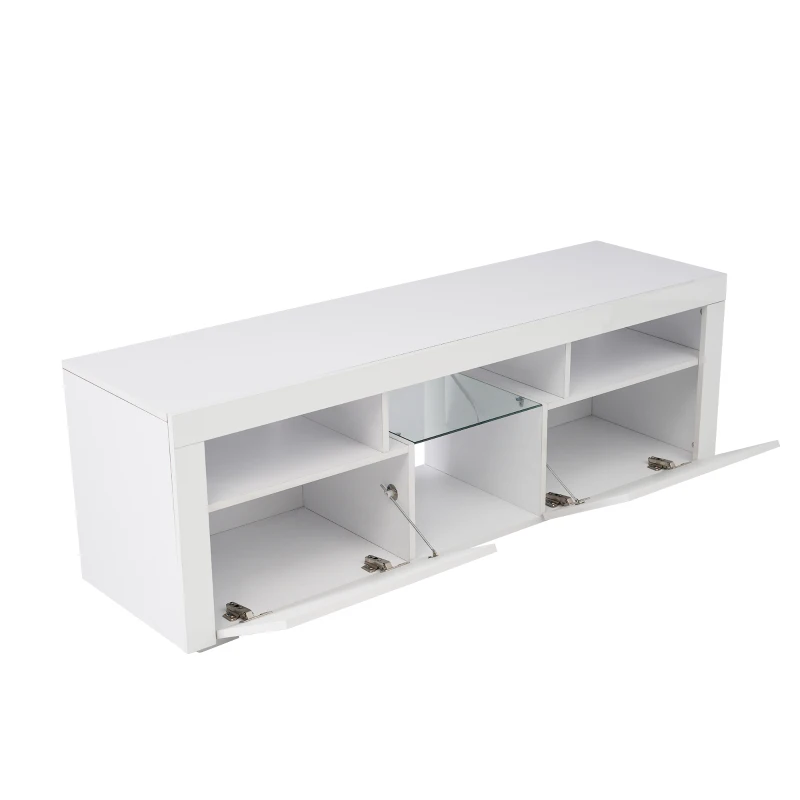 Meuble TV scandinave sur pied et mural avec éclairage LED, étagères ouvertes et compartiments rabattables, moderne brillant 140x40x45 cm, Blanc