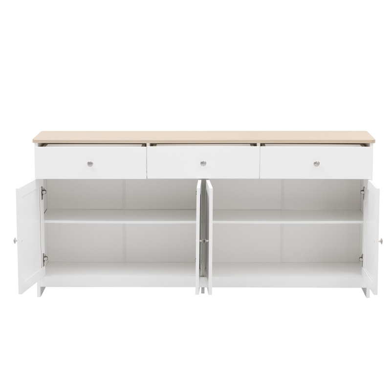 Sideboard Landhausstil Weiß 160 cm mit Schubladen für Wohnzimmer und Esszimmer, Holzmaserung