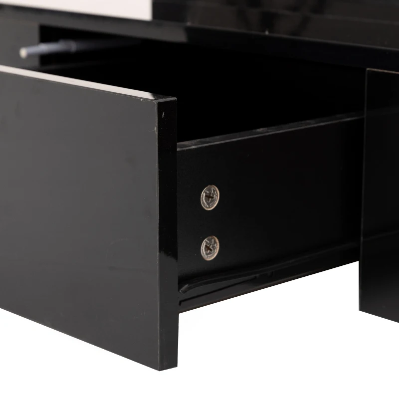 Hochglanz-Couchtisch mit LED-Beleuchtung, Schubladen und zwei Ablageebenen, Schwarz