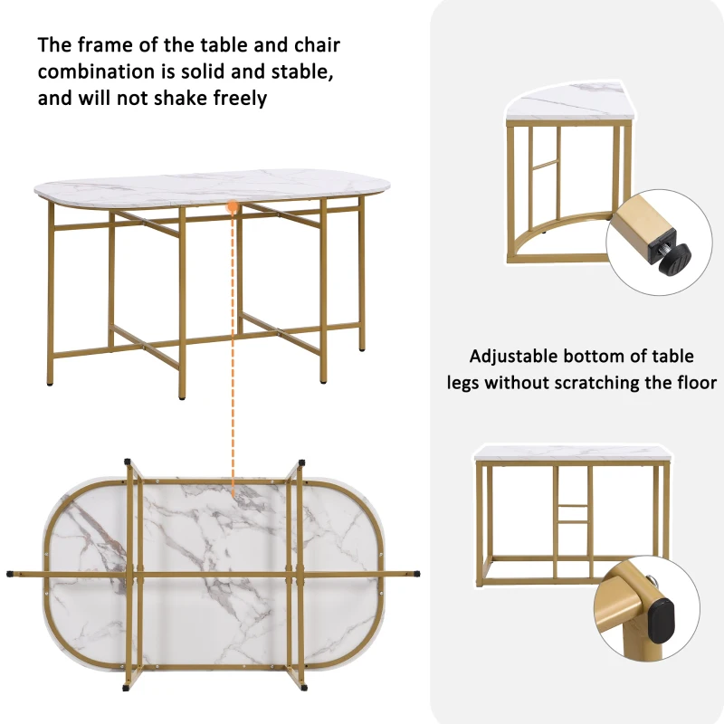 Modern Luxury Rattan 6 Seater Dining Table Set with Six Chairs, MDF Seat Cushions and Gold-Plated Iron Frames, Gold