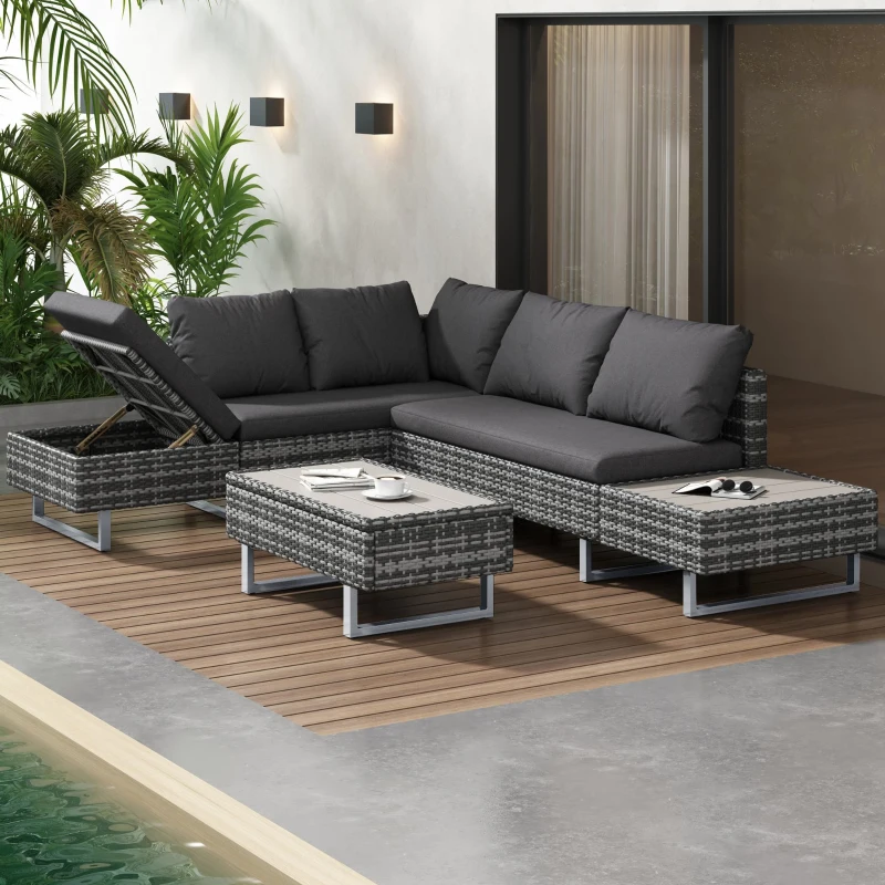 Polyrattan-Garnitur für Garten, 4-5 Personen Lounge-Set mit Ecksofa, Tisch & abnehmbaren Bezügen, Grau