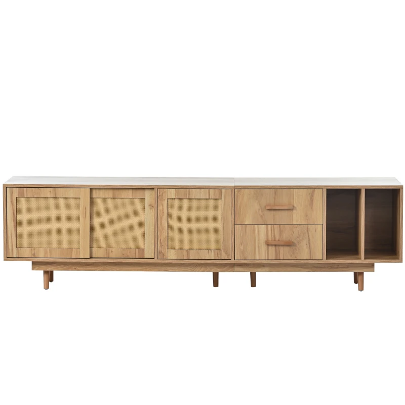 Meuble TV scandinave en rotin pour écrans jusqu'à 80 pouces, console avec portes en rotin, pieds en métal et espace de rangement, naturel