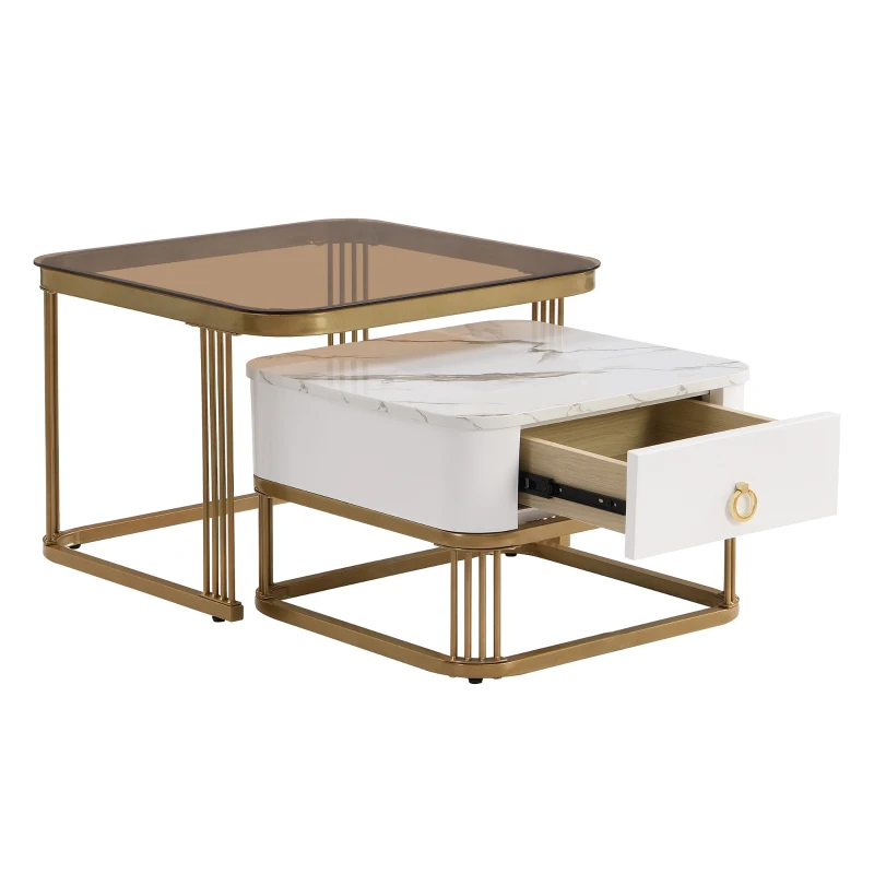 Ensemble de Tables Basses Gigognes en Marbre Poli et Verre avec Détails Dorés et Tiroirs, 60x60x42,5 cm + 50x50x34 cm, Blanc