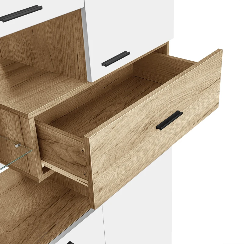 Moderne Hochglanz-Vitrine mit LED-Beleuchtung und Glastüren, App-gesteuert, für Wohnzimmer und Esszimmer, Weiß und Holzfarbe