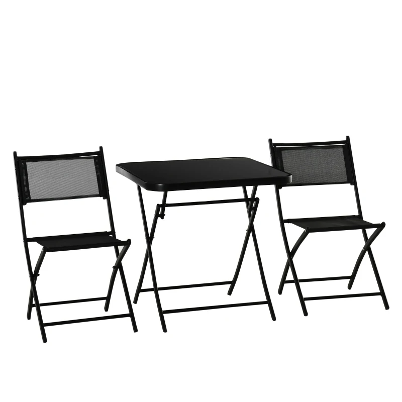 Outsunny 3 Pieces Garden Bistro Set, Folding Patio Table with Glass Table Top and 2 Chairs, Outdoor Furniture Set for Garden and Porch, Black
