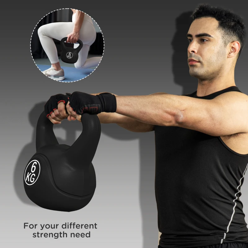 HOMCOM Kettlebell de 6 kg pentru Sport și Fitness cu Bază Plată și Mâner, Greutate din Plastic, 20x13x22 cm, Negru