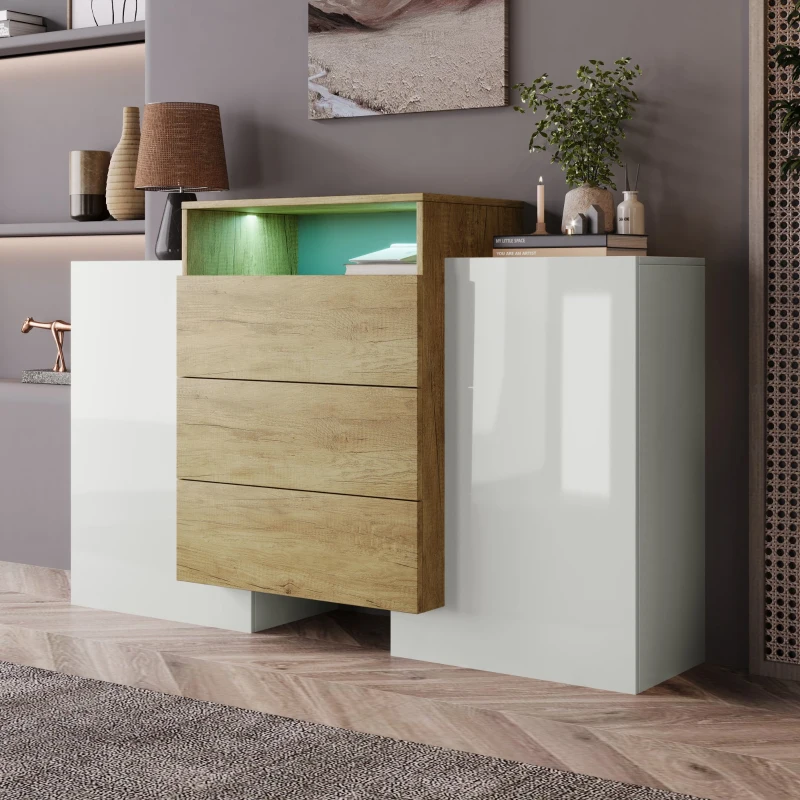 Sideboard und mit LED-Beleuchtung, Modernes Design und Viel Stauraum, Weiß + Holzfarbe
