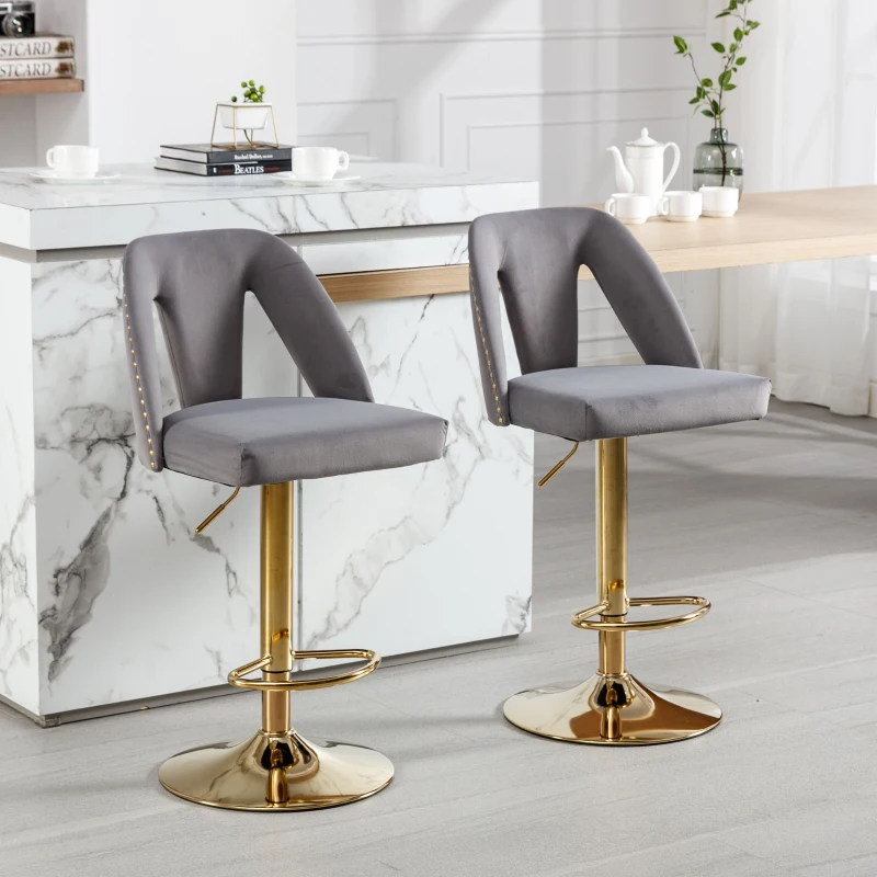 Set of 2 Adjustable Bar Stools with Hollow Backrest Design, Electroplated Gold Legs, 360° Rotatable, Seat Height 63.5-83.5 cm, Base 41x41 cm, Load-Bearing up to 136 kg, by Woltu, Grey