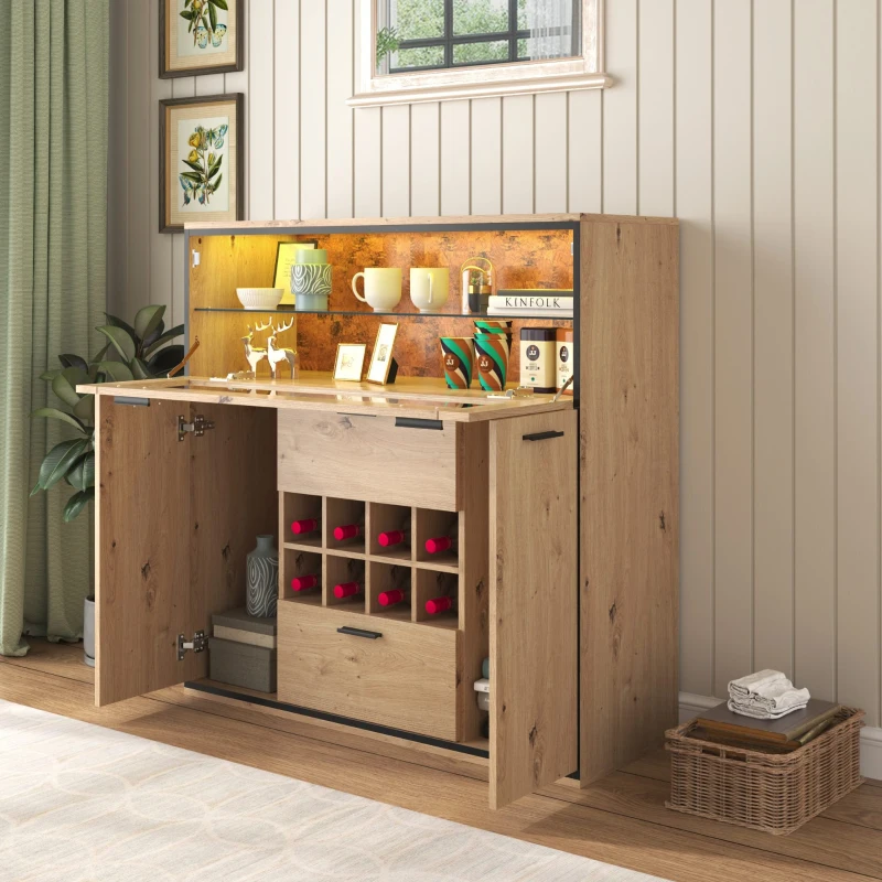 Anrichte Weinschrank 110x38x111 cm mit Glasregal und LED-Beleuchtung, Stilvolle Aufbewahrung für Party und Familienzusammenkünfte in Holzfarbe und Schwarz