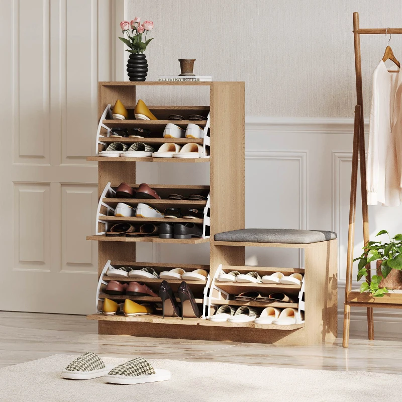Schuhschrank mit 4 Klappen und Sitzbank, weiches Sitzkissen, grifflose Schuhkommode in Naturholzoptik, Natur