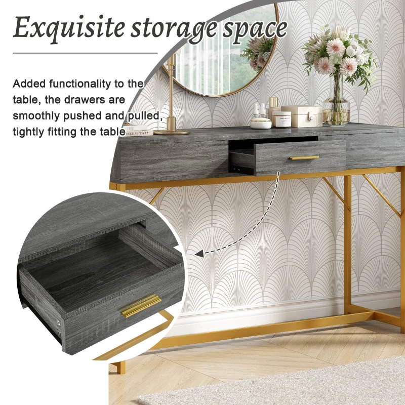 Light Luxury Style Hallway Console Table with Drawer, Metal Frame, MDF Top, Modern Side Table for Living Room, 120x38x76 cm, Grey