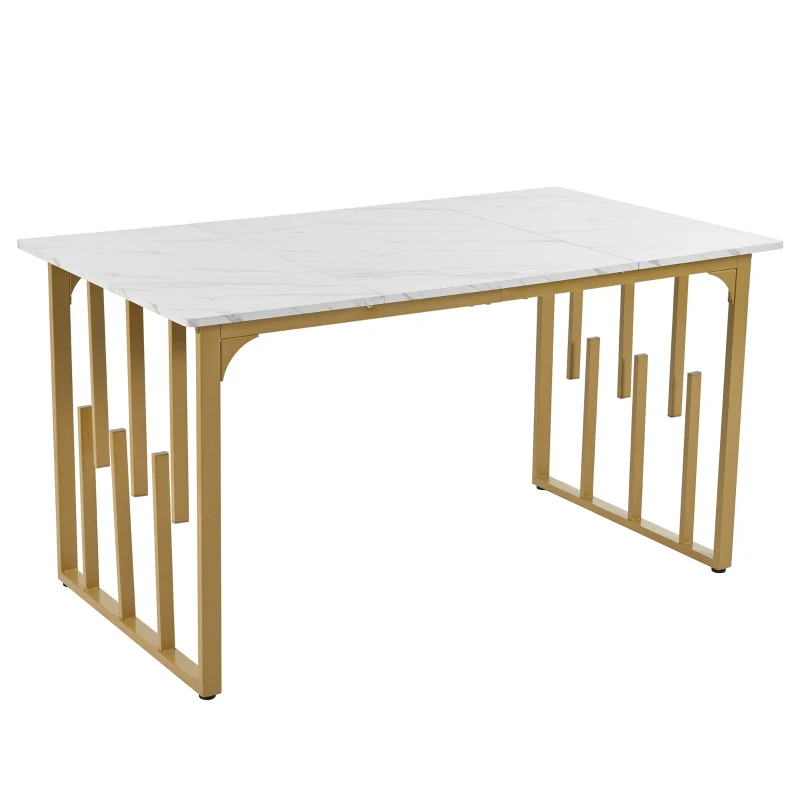 Modern Dining Rooms Tables with Iron Square Tube Legs and Marble Pattern, Extendable Table for Kitchen, 140x80x75 cm, White+Gold