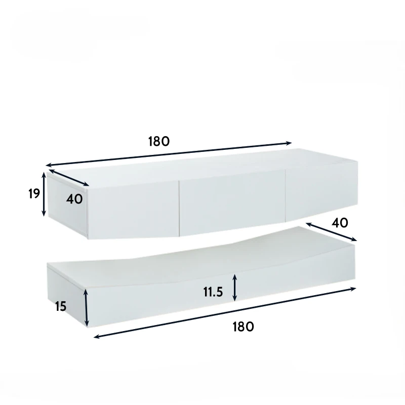 Meuble TV Suspendu Moderne avec Éclairage LED, 3 Étagères, en Panneaux de Particules, 180x40 cm - Style Scandinave, Blanc