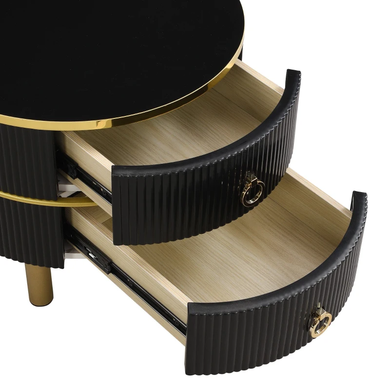 2-in-1 Couchtisch-Set mit Marmormuster und Hochglanz, runde Tische mit Schubladen, MDF und Metallbeine, Weiß+Schwarz