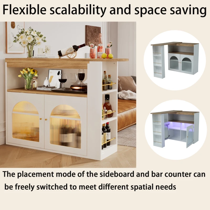 Modern Extendable Dining Table with Storage and LED Strip, Swivel Bar Bistro Table, 138-193x39x105 cm, White