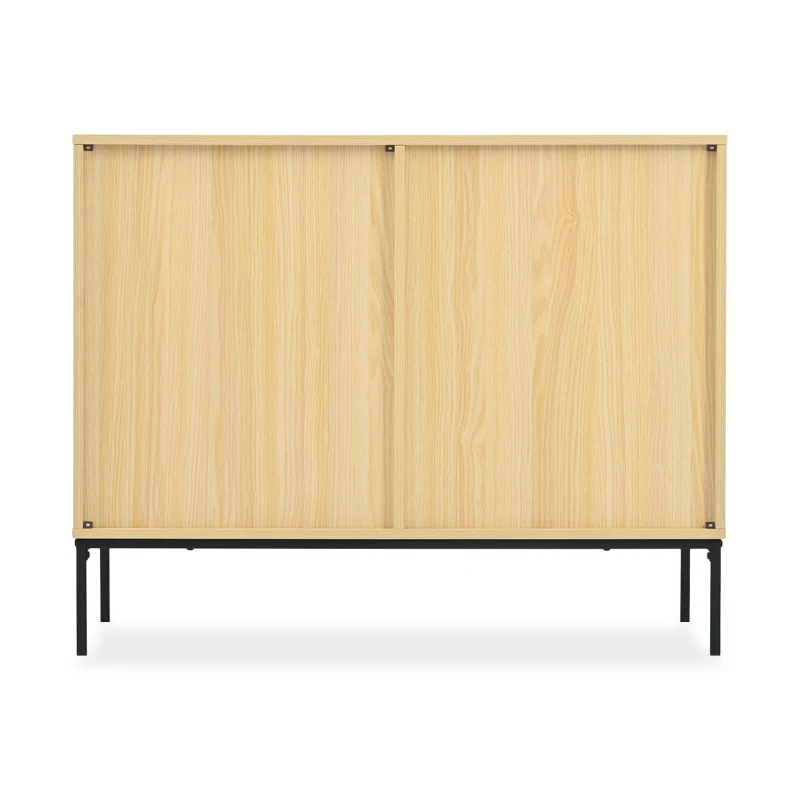 Rattan Aufbewahrungsschrank mit Metallgriffen und verstellbaren Regalböden, stilvoller Wohnzimmerschrank mit natürlichem Design und stabilen Metallbeinen, Helles Eichenholz