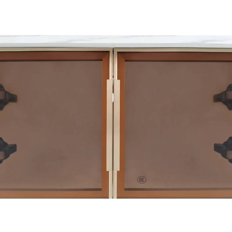 Table basse moderne avec plateau effet marbre et porte en verre trempé, tiroirs ondulés, poignées et pieds dorés, 100x50x40 cm, Blanc