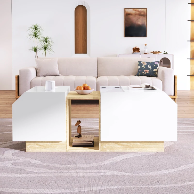 Moderner LED-Couchtisch mit App-Steuerung, Weiß und Holz, multifunktionale Aufbewahrung, weiß