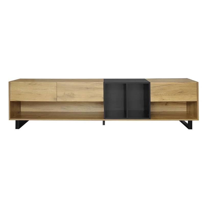 Meuble TV Bas Moderne en Bois avec Pieds en Métal, Trois Tiroirs et Étagères, 200x40x50 cm - Meuble TV Scandinave, Naturale+Noir