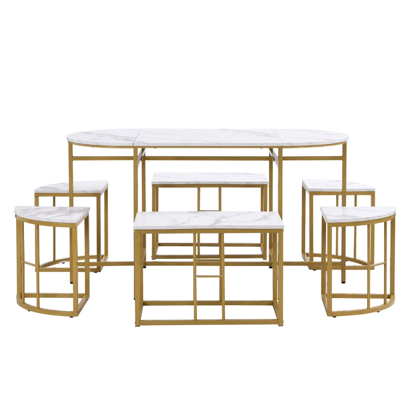 Modern Luxury Rattan 6 Seater Dining Table Set with Six Chairs, MDF Seat Cushions and Gold-Plated Iron Frames, Gold