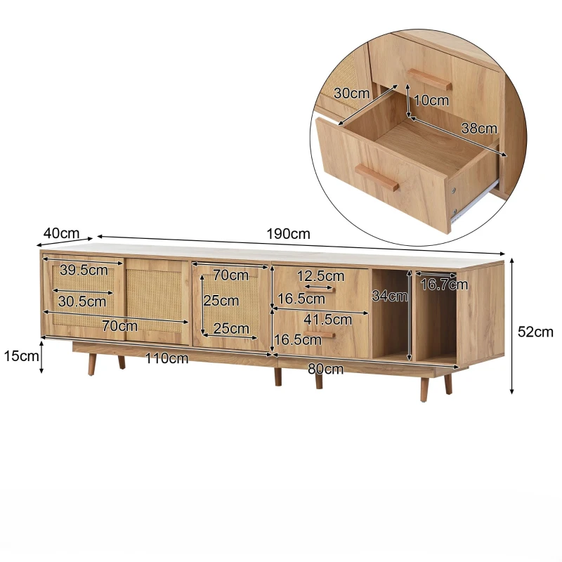 Meuble TV scandinave en rotin pour écrans jusqu'à 80 pouces, console avec portes en rotin, pieds en métal et espace de rangement, naturel