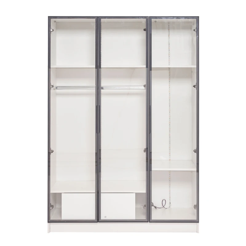 Armoire Penderie Spacieuse avec 3 Portes en Verre, 1 Tiroir et 1 Tringle à Vêtements, Éclairage LED Intégré, 110x50x160 cm, Blanc