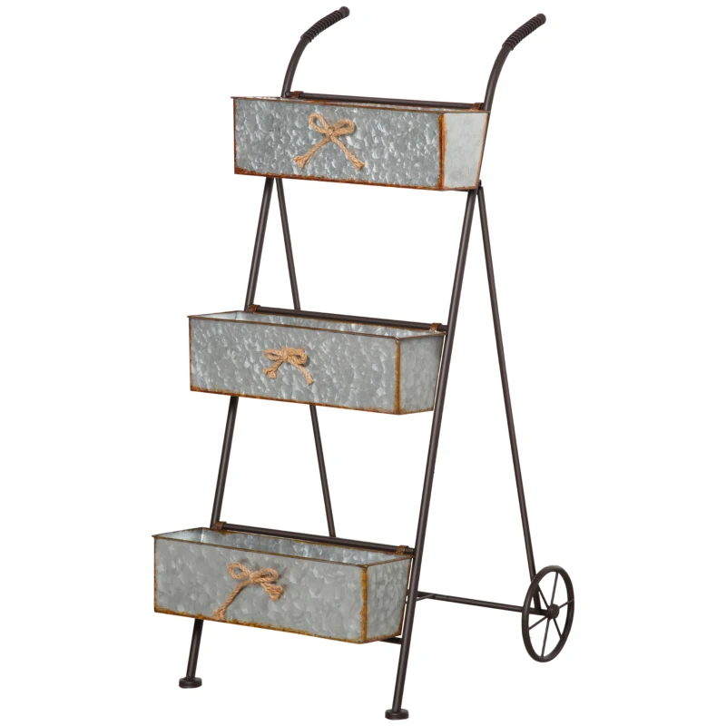 Outsunny Jardinière Chariot sur Pied 3 Niveaux Style Rural Chic - Pliable - 2 poignées et Roues - nœuds de Corde métal martelé Effet Vieilli