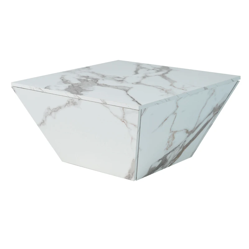 Table Basse Moderne Trapézoïdale en MDF avec Finition Marbre, 2 Tiroirs, Design Unique et Stable, 70x70x37 cm, Blanc