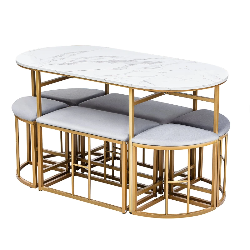 Modern Dining Table and Chairs Set with 4 Small Stools and 2 Large Stools, Steel Frame, 140×70×76 cm, Load Capacity 120 kg, Gold
