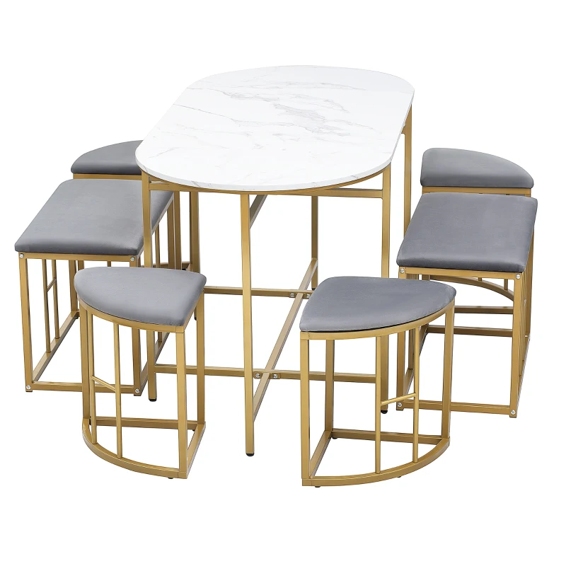 Modern Dining Table and Chairs Set with 4 Small Stools and 2 Large Stools, Steel Frame, 140×70×76 cm, Load Capacity 120 kg, Gold