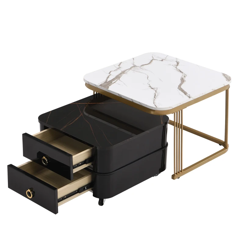 Ensemble de 2 Tables Basses Gigognes avec Plateau en Marbre Brillant et Verre, Structure en Métal et Tiroirs, 60x60x42 cm + 50x50x34 cm, Noir