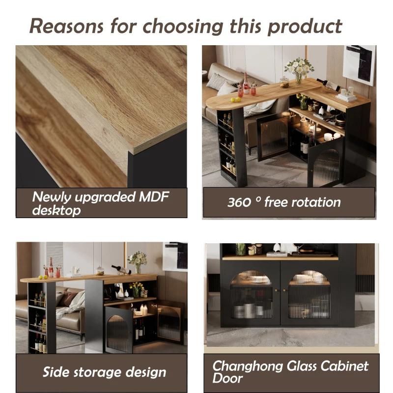 Modern Extendable Dining Table with Storage and LED Strip, Swivel Bar Bistro Table, 138-193x39x105 cm, Black